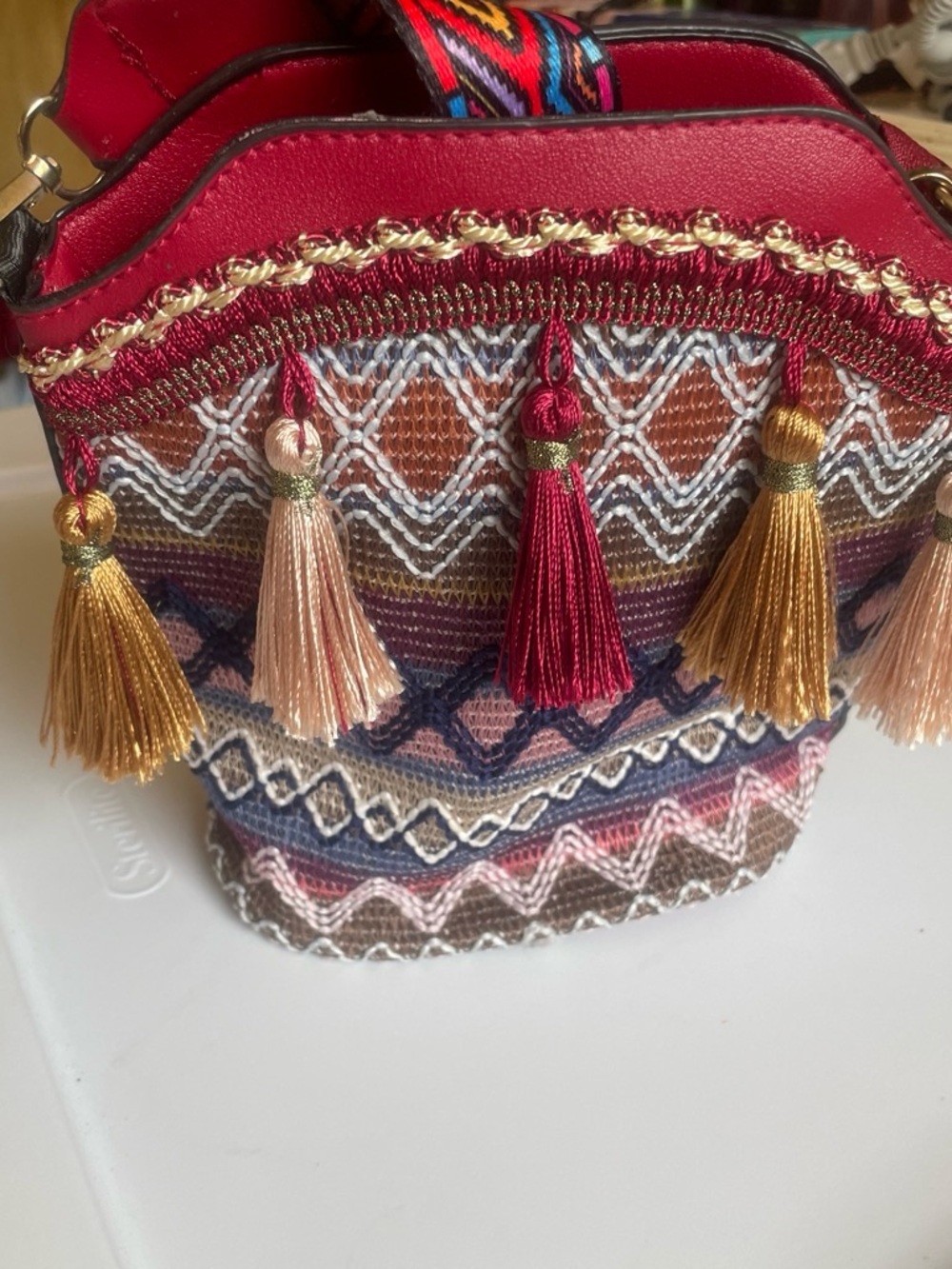 Boho Tassel Crossbody Bag - Red Multi